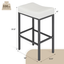 Athena Collection Counter Height Bar Stools Set of 2, 31.5 Inches Saddle Bar Stools with Leather Upholstered and Metal Legs, Backless Barstools for Counter, Kitchen Island, Dining Room, White