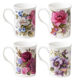 Grace Teaware Bone China Coffee Tea Mugs 9-Ounce, Assorted Set of 4 (Classic Floral)