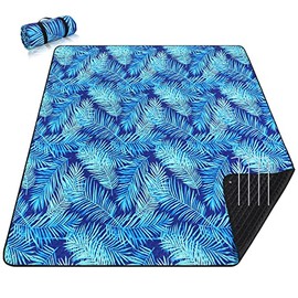 PY SUPER MODE Picnic Blankets Extra Large, Waterproof Foldable Outdoor Beach Blanket Oversized 83x79” Sandproof, 3-Layer Picnic Mat for Camping, Hiking, Travel, Park, Concerts(Blue Leaves)