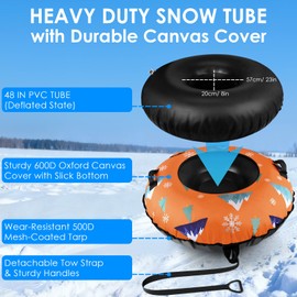 48 Inch Snow Tube with Premium Canvas Cover & Towable Leash- Thicked Heavy Duty Inflatable Winter Snow Sled for Adult