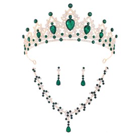 Feltent Green Tiaras and Crowns Jewelry Set for Women Tiaras Earrings and Necklace for Wedding Rhinestone Crystal Bridal Jewelry Sets for Costume Birthday Party Prom Gifts
