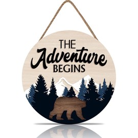TOARTi The Adventure Begins Wooden Hanging Sign,Woodland Nursery Decor,Bear Mountain Inspirational Quotes Wooden Plank Sign for Home Cabin Decor，Forest Camping Sign for Camper Decor (12”X 12”)