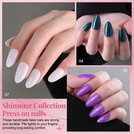 Press on Nails Almond Short, Black Dark Cyan Green Purple Red Pearl White Royal Blue Shimmer Glossy Soft Gel Press on Nails for Gift, Reusable Stick on Nails with Glue in 15 Sizes 180Pcs Fake Nail Kit