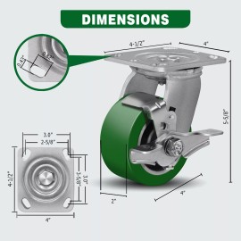 Unbranded 4"X 2" Heavy Duty Casters  Polyurethane on Aluminum  Capacity up to 800-3200 LB - 2 Brake 2 Rigid