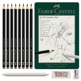 FABER-CASTELL Pitt Graphite 115220 Pencils Set Matte 11-Piece with Paper Wiper, Eraser and Sharpener
