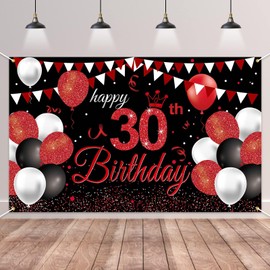 GRESATEK 30th Birthday Banner, Happy 30th Birthday Decorations Banner for Men Women Black Red Birthday Party Decoration Anniversary Photo Booth Sign Poster Background