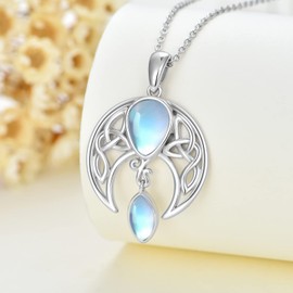 AOBOCO Celtic Moon Necklace Sterling Silver Crescent Moon Pendant Irish Good Luck Necklace with Simulated Moonstone Birthstone, Celtic Jewelry Mother's Day Gift for Mom Wife Women