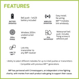 LLOYTRON MIP System 3 Doorbell Accessory - Wireless Bell Push Transmitter - Replacement or Additional Bell Push for MIP System Chime Receiver - 200m Range - B7831BK - Black