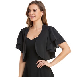 Women Short Sleeve Shrug Cropped Bolero Open Front Chiffon Cardigan for Evening Dress(Black,M)