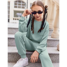 Arshiner Girl's 2 Piece Outfit Set Pullover Sweatshirt Jogger Sweatpants Tracksuit Casual Outfit Light Green 8-9 Years