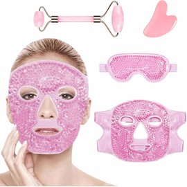 GUIBELL Máscara de Hielo 4 en 1 para Cara y Ojos Reutilizable Mascarilla Gel Fría/Caliente, Alivio Ojeras, Bolsas y Estrés, Ideal para dormir, rodillo y gua sha jade belleza