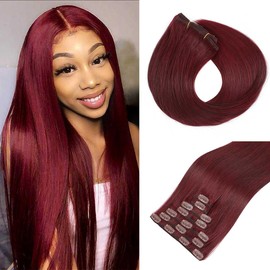Straight Clip in Hair Extensions Wine Red Real Human Hair 20 Inch 120g Brazilian Remy Human Hair 16 Clips Double Weft Human Hair For Women Full Head 7 Pcs Per Set (20 Inch, #99JBurgundy)