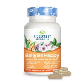 Ridgecrest Herbals Belly Be Happy, Daily Digestive Support and Gut Health with Ginger, Peppermint, and Slippery Elm with 4 Billion CFUs, Probiotic Supplement (60 Caps, 30 Serv)