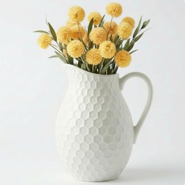 Jarrón de cerámica blanca con asa, jarrón de granja de 7 pulgadas de ancho x 8 pulgadas de alto con patrón de panal de abeja, jarra decorativa de agua, jarrones de cerámica para decoración, decoración