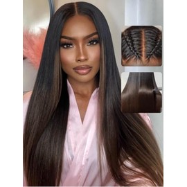 UNICE Castaño Claro Ombre Yaki Lacio 7x5 Con Corte Predefinido de Encaje HD Frontal de Alta Definición, Peluca de Cabello Humano con Cordón de Cierre 