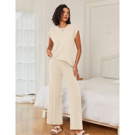 Ekouaer Lounge Sets for Women Two Piece Outfits Knit Cap Sleeve Tops Wide Leg Pleated Pants Casual Dressy Sweater Sets Cream