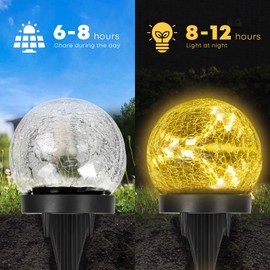 LQWELL Solar Bodenleuchte für Garten, Solar Gartenleuchte für Außen, Kugel Crackle Glas Solarlampe, Warmweiß 3000K, IP65 Wasserdicht für Rasen, Balkon, Gehweg, Hof Deko