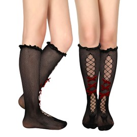 Benefeet Sox Womens Girls Black Lace Ruffle Knee High Socks with Bow Gothic Fishnet Stockings Fancy Decorated Sheer Mesh Lace Knee High Stockings Kawaii Frilly Thin See Through Lolita Long Socks Gifts