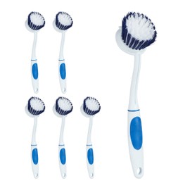 Relaxdays 6 x Washing Up Brush, Medium Bristles, Rubberised Handle, Plastic Kitchen Brush, Hanging Dish Brush, White / Blue