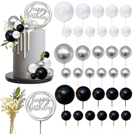 35 mini bolas coloridas para decoración de tartas, decoración de tartas, decoración de tartas acrílicas, flores secas artificiales para decoración de tartas para bodas, aniversarios, baby shower, fiestas de cumpleaños (blanco, plateado y negro)