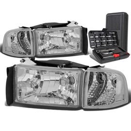 Auto Dynasty Chrome Housing Clear Corner Headlight+Corner Lamps+Tool Kit Compatible with Dodge Ram 1500 2500 3500 94-02