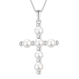 YL Cross Necklace 925 Sterling Silver Freshwater Pearls Pendant Religious Rhodium Plated Jewelry for Women