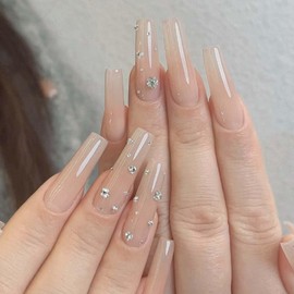 Gifiky Long Coffin Press on Nails Crystal Gem Design Fake Nails Full Cover Nails Tips Nude False Nails for Women and Girls 24Pcs