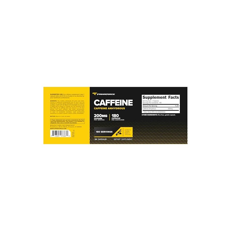 Primaforce Píldoras de Cafeína - 200 mg - 180 cápsulas