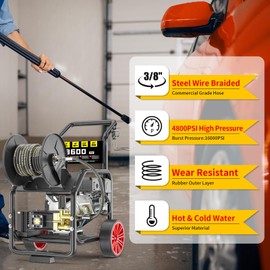 POHIR 5FT Pressure Washer Whip Hose 4800psi 3/8'' Steel Wire Braided with 3/8'' Quick Connect Plug, Reel Connector Jumper Hose for Pressure Washing