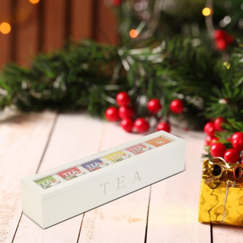 Small Wooden Tea Bag Storage Box 6 Compartment Wood Tea