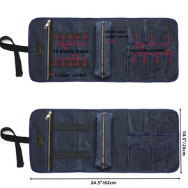 Wrench/Tool Roll (7 Slots), Waxed Canvas Roll Up Bag with 1 Small Detachable Tool pouch and 1 Zipper Pockets, Multi-Purpose Wrench Roll Organizer with 2 Wrap Straps