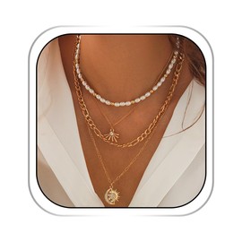 Abien Layered Gold Necklace for Women Trendy Pearl Choker Boho Sun Pendant Necklace Chain Boho Jewelry for Women