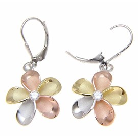 925 sterling silver yellow rose gold rhodium plated tricolor Hawaiian plumeria leverback earrings cz 18mm