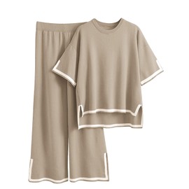 Imily Bela Womens Plus Size Lounge Sets 2 Piece Outfits Short Sleeve Pullover Tops Wide Leg Pants Summer Travel Outfits Light Khaki