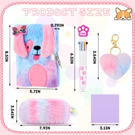Plush Rainbow Dog Notebook Set, Fluffy Journal Notebook for Girls Embroidery Private Diary Notepad with Lock Multicolored Pen Lovely Pencil Case Key Rings Bracelets for Writing Drawing (Dog, Heart)