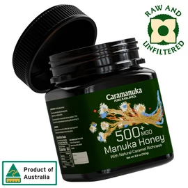 Caramanuka Manuka Honey MGO 500 – 100% Raw & Unfiltered Australian Honey, Independently Lab-Tested for MGO & Glyphosate, Bold Caramel Flavor, 8.8 oz (250g)