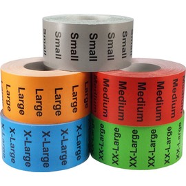 1.25 x 5 Color Coded Clothing Size Strip Wrap Around Adhesive Labels for Retail Apparel - Bulk Pack - Grey Small, Red Medium, Orange Large, Blue X-Large, Green XX-Large