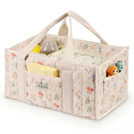 SEISSO Diaper Caddy Organizer with Handle, Portable Baby Gift Basket, Floral Diaper Organizer Nursery Storage Bag, Newborn Girl Boy Essentials, Gift for Baby Shower