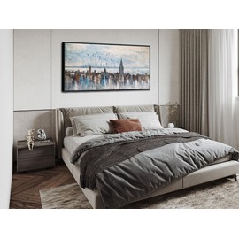Arjun Cityscape Wall Art New York City Buildings Picture Modern Abstract Grey Skyline Birds NYC Painting Artwork for Bedroom Living Room Bathroom Home Office Decor, Large Size Black Framed 48"x24"
