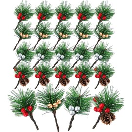 RHQFDM 20 Pieces Realistic Artificial Pine Sprigs with Red Berries and Pine Cones,Small Christmas Greenery Decor for DIY Wreaths,Winter Weddings and Festive Arrangements(4-Style Set)