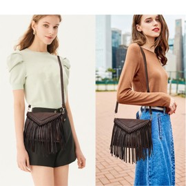 Tassel Crossbody Purse for Women PU Leather Western Hobo Fringe Handbag Shoulder Bag (Coffee)