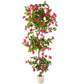 Warmplants 6ft Artificial Bougainvillea Tree, Fake Bougainvillea Pink Flower Silk Plant in White Planter, Faux Blooming Topiary Tree for Indoor Outdoor Home Office Wedding Décor