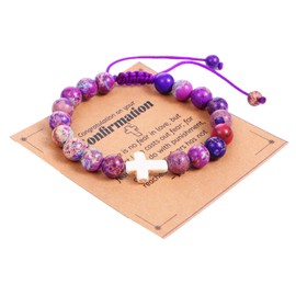 Heclia Easter Cross Bracelet Christian Gifts for Women Jesus Easter Basket Stuffers Cross Beaded Bracelets Natural Stone Christian Religious Jewelry Gifts with Inspirational Card