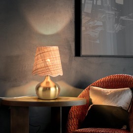 Gold Small Bedside Table Lamp for Bedroom, Brass Gold Bedroom Lamps for Nightstand, Small Scalloped Rattan Shade Table Lamps for Small Spaces for Bedroom, Home Office, Living Room, Kids Dorm