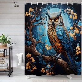 JWJAMM Owl Shower Curtain Full Moon Wildlife Blue Starry Night Bird Fantasy Wonderland Animal Bath Curtains with Hook 70x70 Inch