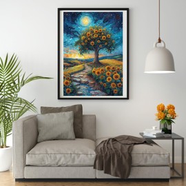 Stamped Cross Stitch Kits for Adults 14 Count Printed Cross Stitch Kits for Beginners Moon and Tree Sunflowers Cross Stitch Patterns Needlepoint kit (Moon and Tree Sunflowers)