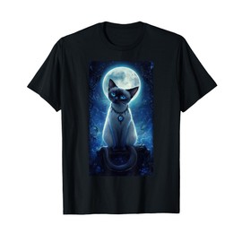 Cute Siamese Cat Gothic Portrait Moonlit Night T-Shirt for Men Women