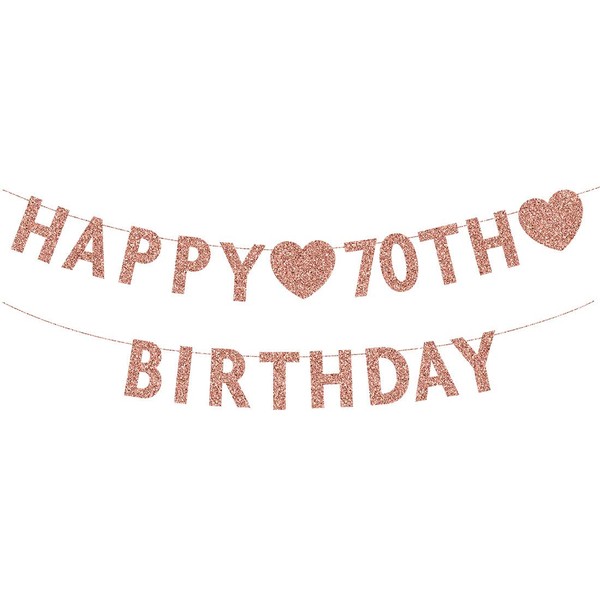 Rose Gold 70th Birthday Banner, Glitter Happy 70 Years Old Woman or Man Party Decorations, Supplies