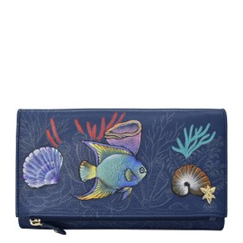 Anuschka Hand Painted Genuine Leather Clutch Wallet with Flap, Mystical Reef