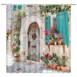 FILMILIL Italian European Shower Curtain Tuscany Architecture Greece City Town Scene Vintage Spring Floral Italy Mediterranean Green Plant Bathroom Curtain Set Polyester Fabric Hooks 70 X 70 Inch